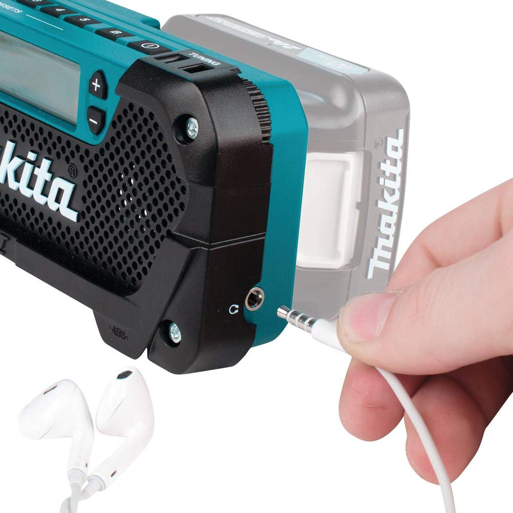 Makita RM02 ten preset FM/AM stations for quick tuning.