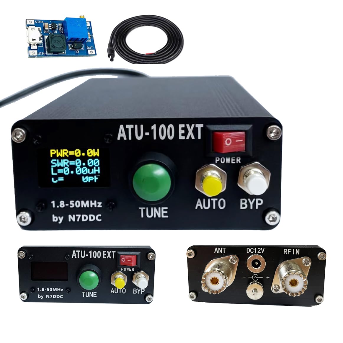 Malahit ATU-100 EXT front OLED display for precise tuning.
