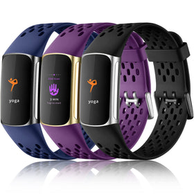 Maledan 3-pack watch bands for Fitbit Charge 5/6 in Black, Plum, Navy for daily comfort.