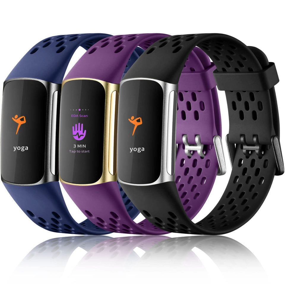 Maledan 3-pack watch bands for Fitbit Charge 5/6 in Black, Plum, Navy for daily comfort.
