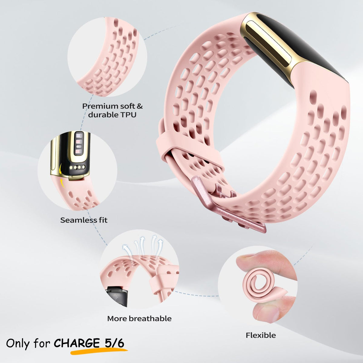 Maledan Charge 5/6 pink sand strap promotes breathable comfort during workouts.