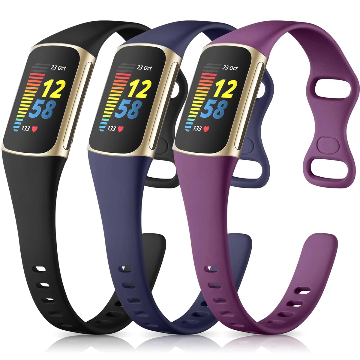 Maledan Charge 5/6 slim bands in black, blue, and plum for daily wear and workouts.