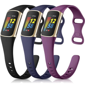 Maledan Charge 5/6 slim bands in black, blue, and plum for daily wear and workouts.