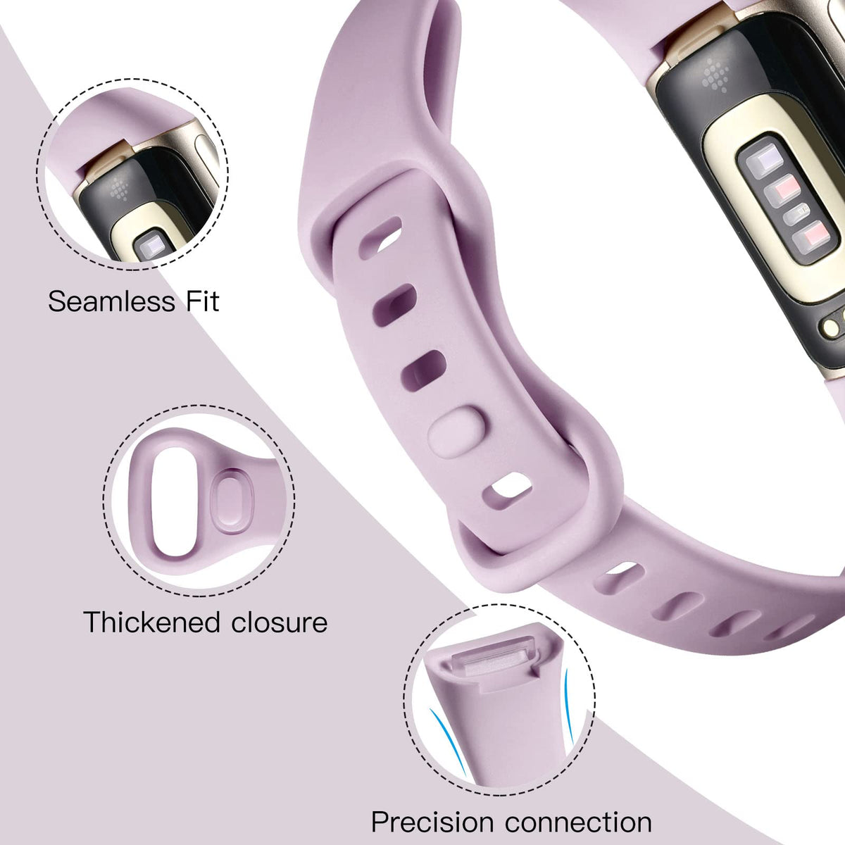 Maledan lavender band for Fitbit Charge 5 fosters breathable comfort.