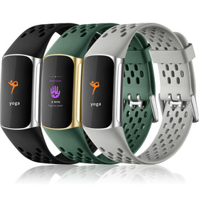 Maledan Fitbit Charge 5/6 slate gray band close-up, showcasing soft, breathable TPU material.