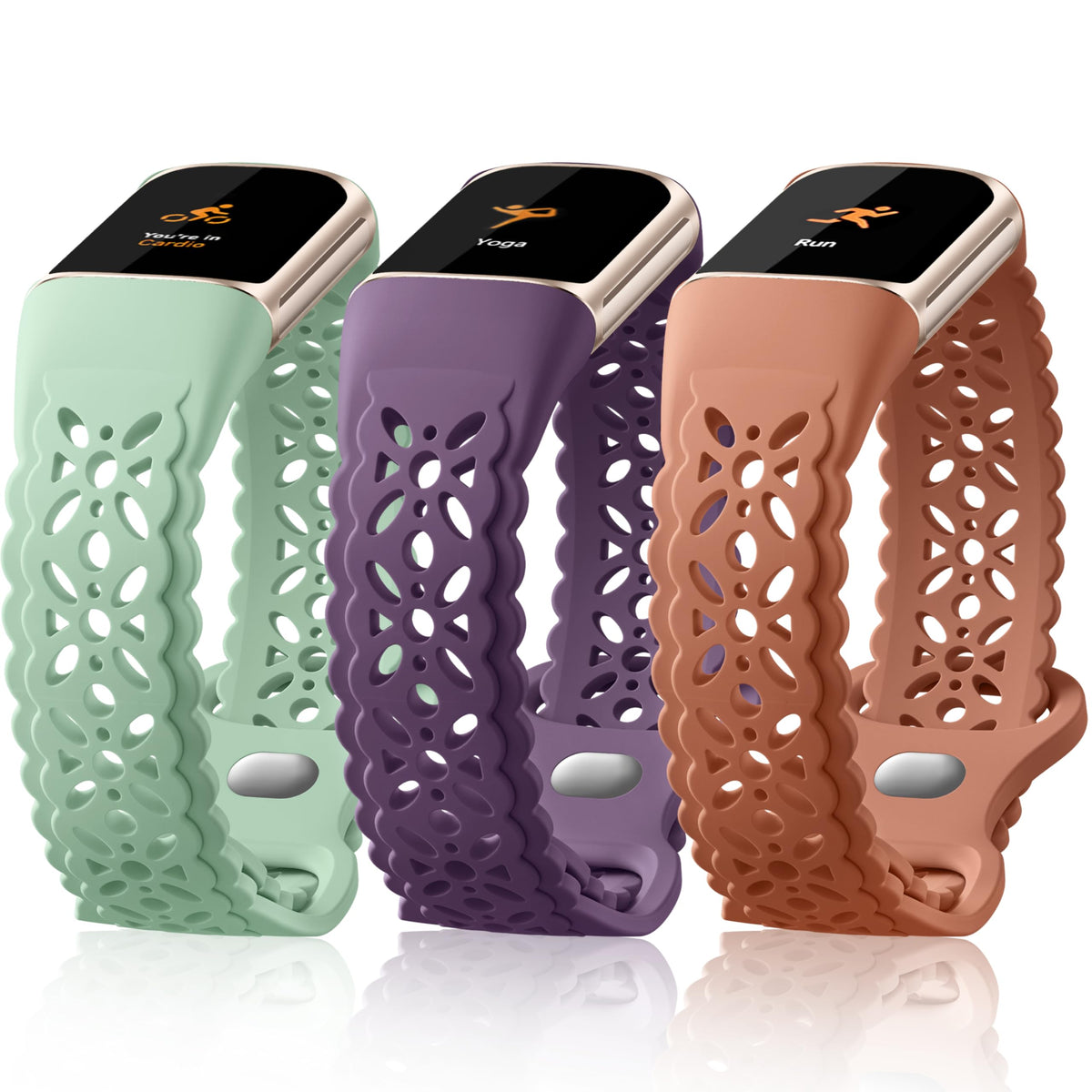 Maledan floral engraved band on Fitbit Charge 6 with lace detail.