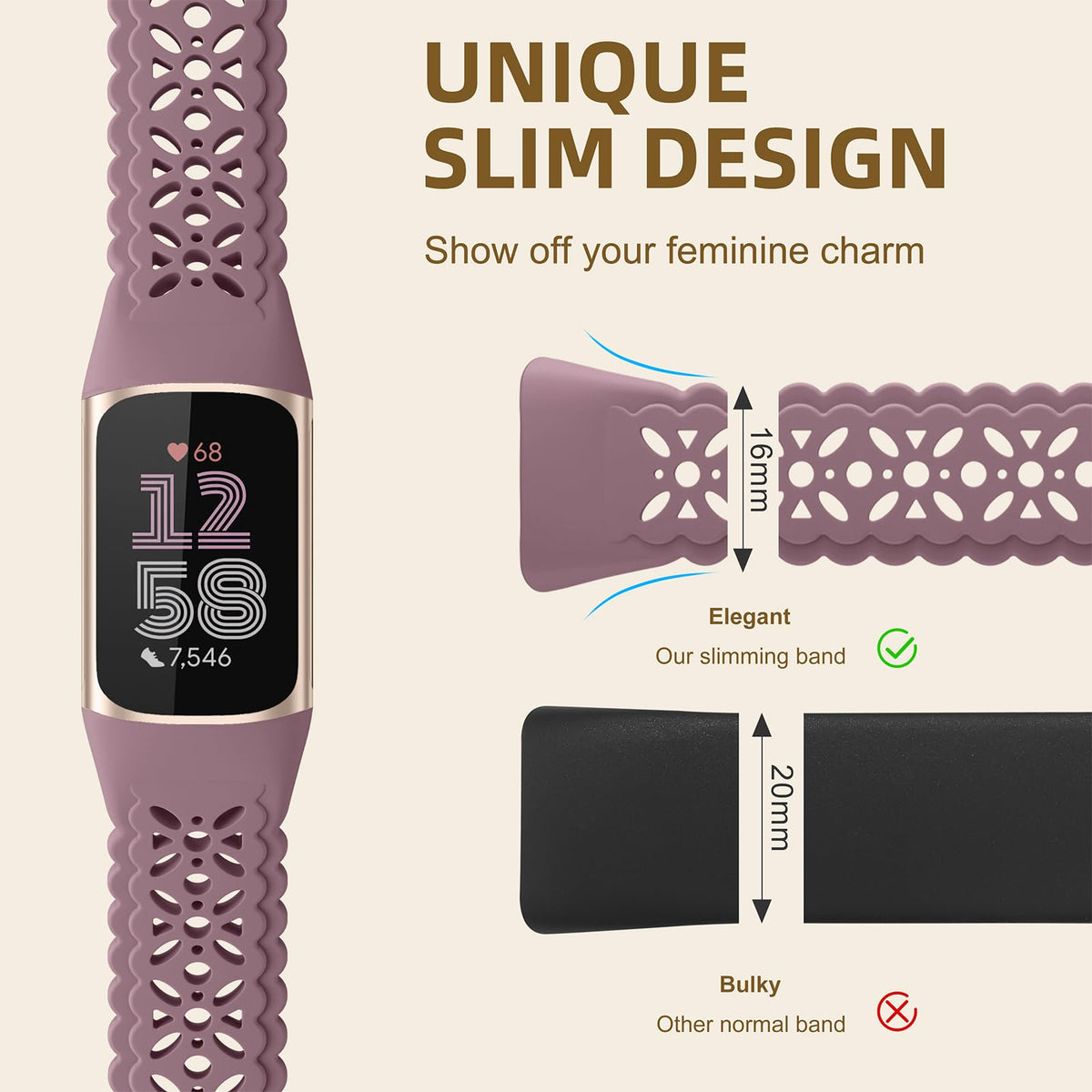 Maledan lilac flower engraving on Charge 5 adds stylish detail.