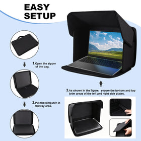MAMA EVE in use on a beach with laptop demonstrating outdoor visibility protection