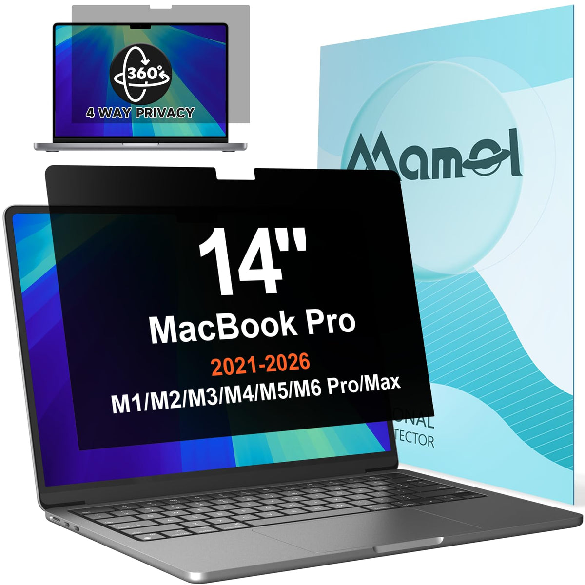 Mamol 360° privacy screen on MacBook Pro 14 shows discreet privacy and anti-glare protection.