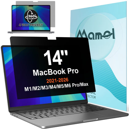 Mamol 360° privacy screen on MacBook Pro 14 shows discreet privacy and anti-glare protection.