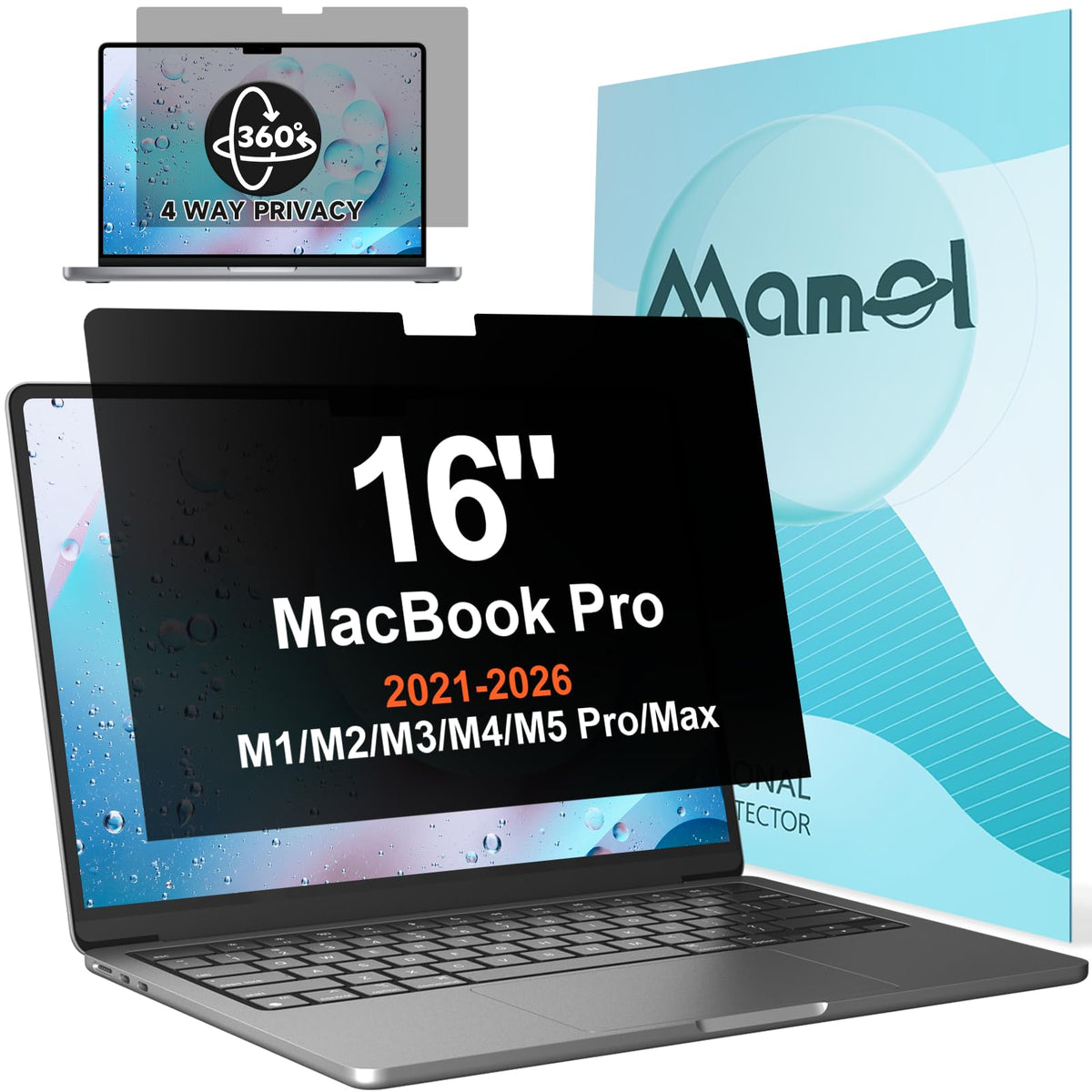 Mamol 360 privacy screen for MacBook 16 inch blocks prying eyes in public.