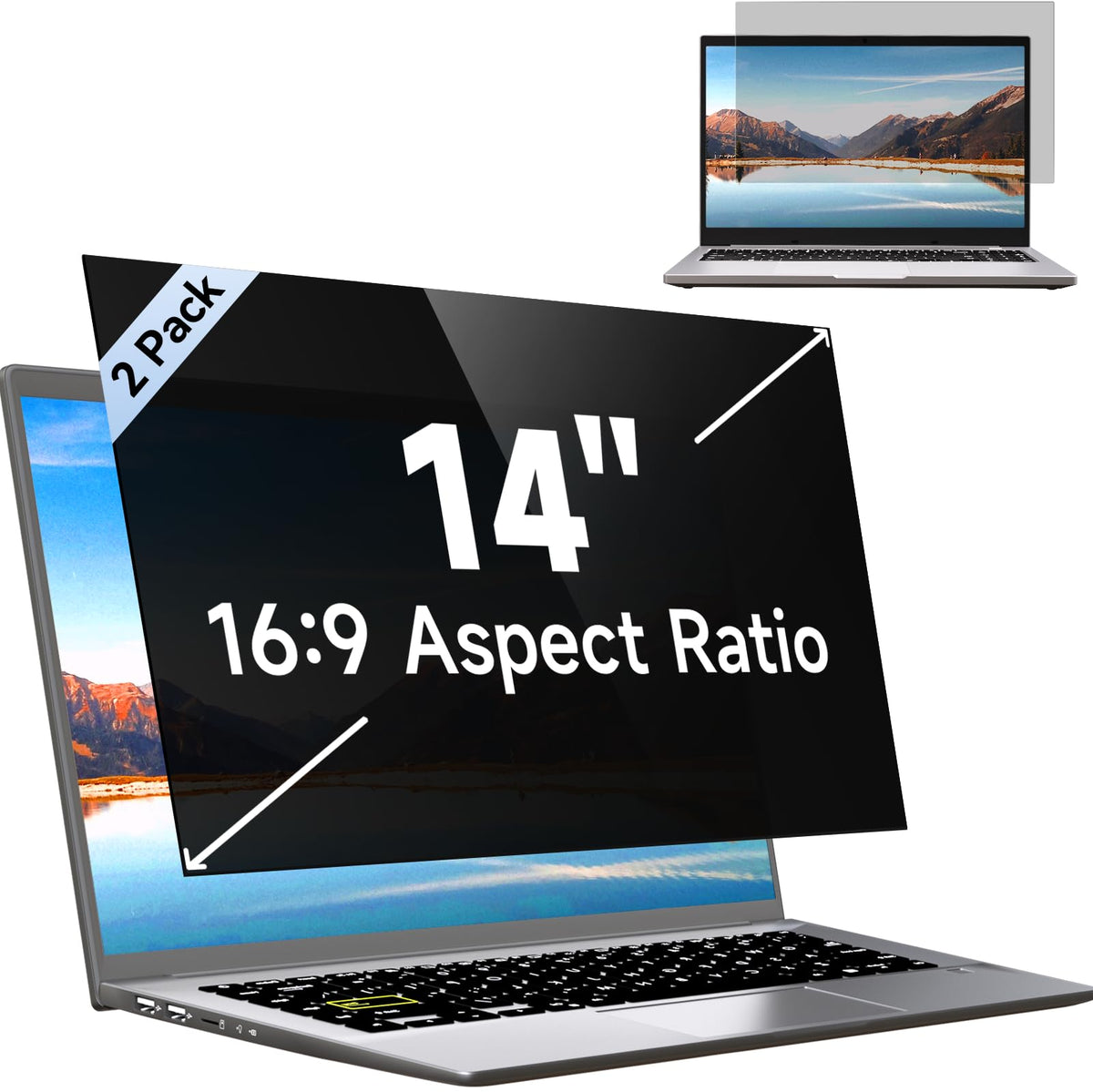 Mamol front packaging showing 14 inch filter and two-pack, protects privacy