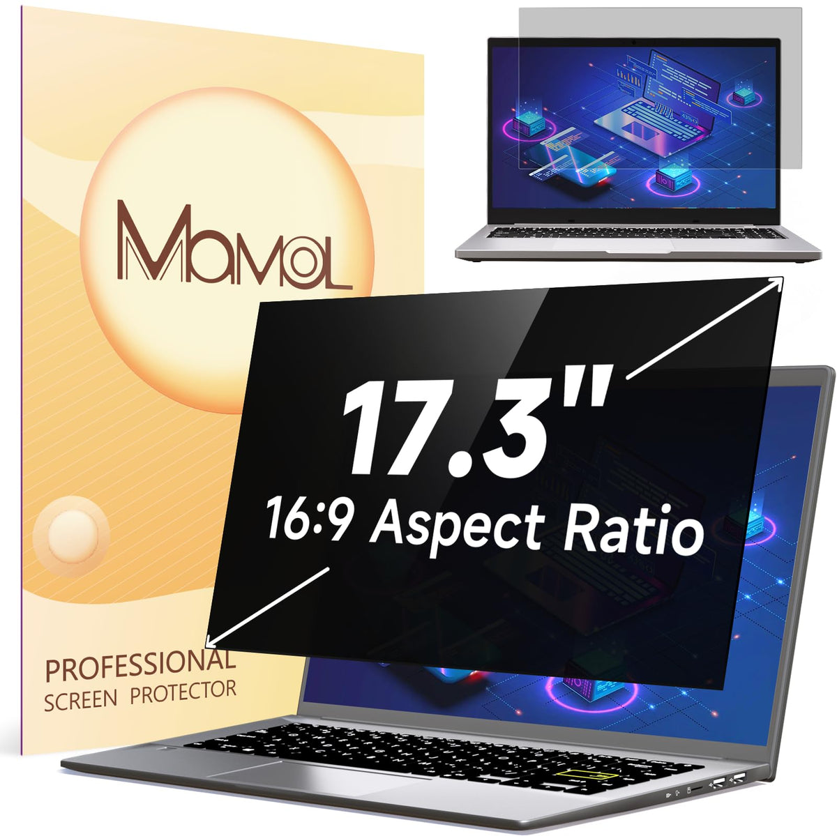 Mamol front packaging showing 17.3 inch privacy screen and included accessories for easy setup