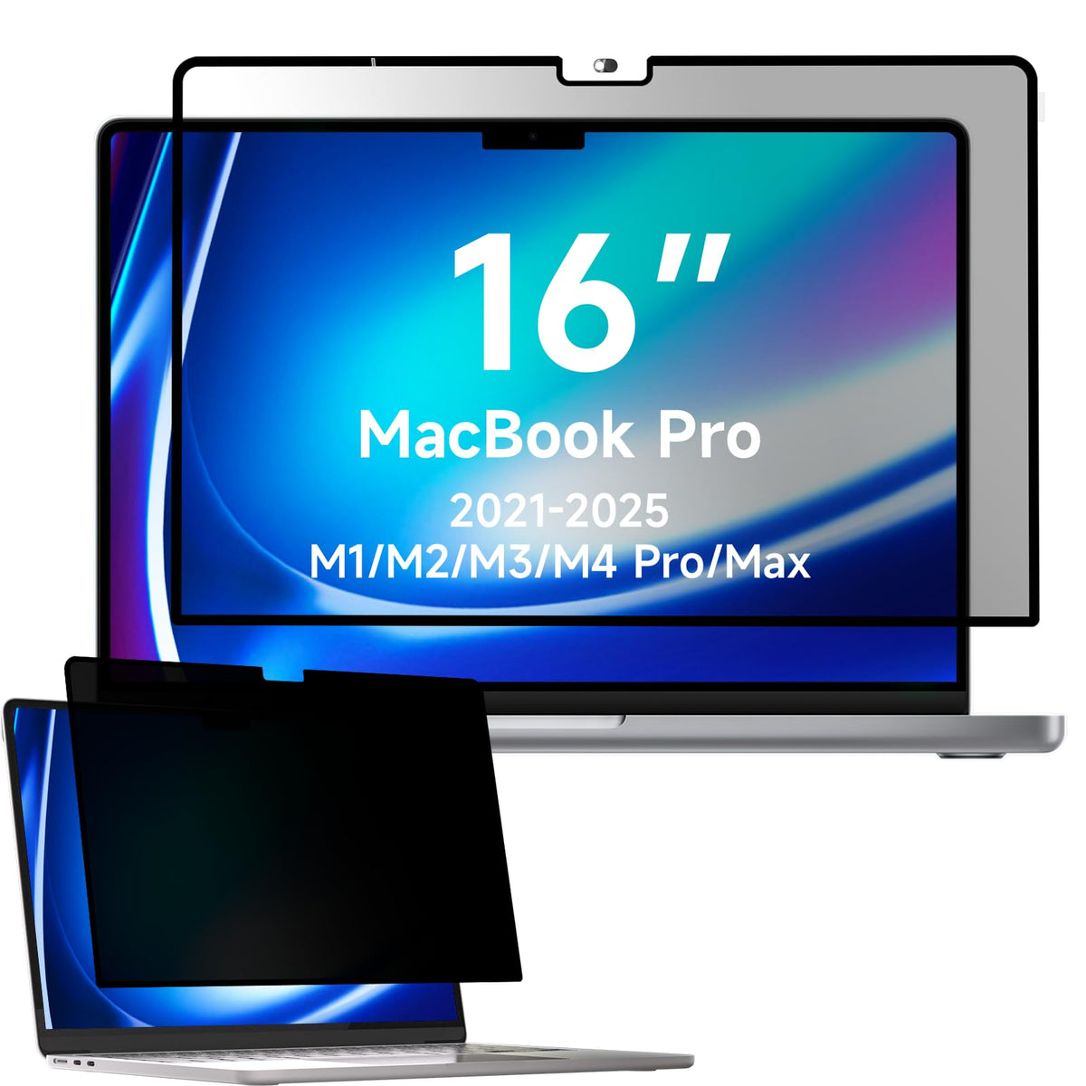 Mamol front view showing privacy screen on MacBook Pro for clear identification and protection