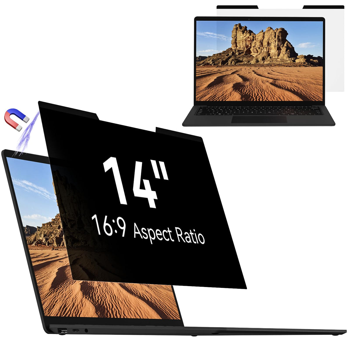 Mamol front view 14-inch privacy screen showing full coverage and clarity benefit