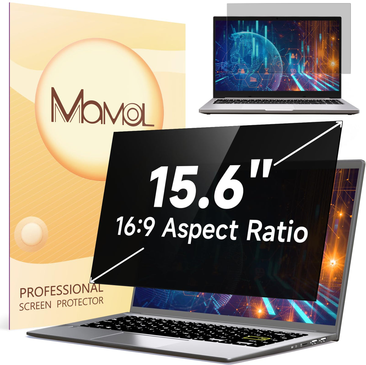 Mamol front view on 15.6 laptop showing clean fit and private display benefit