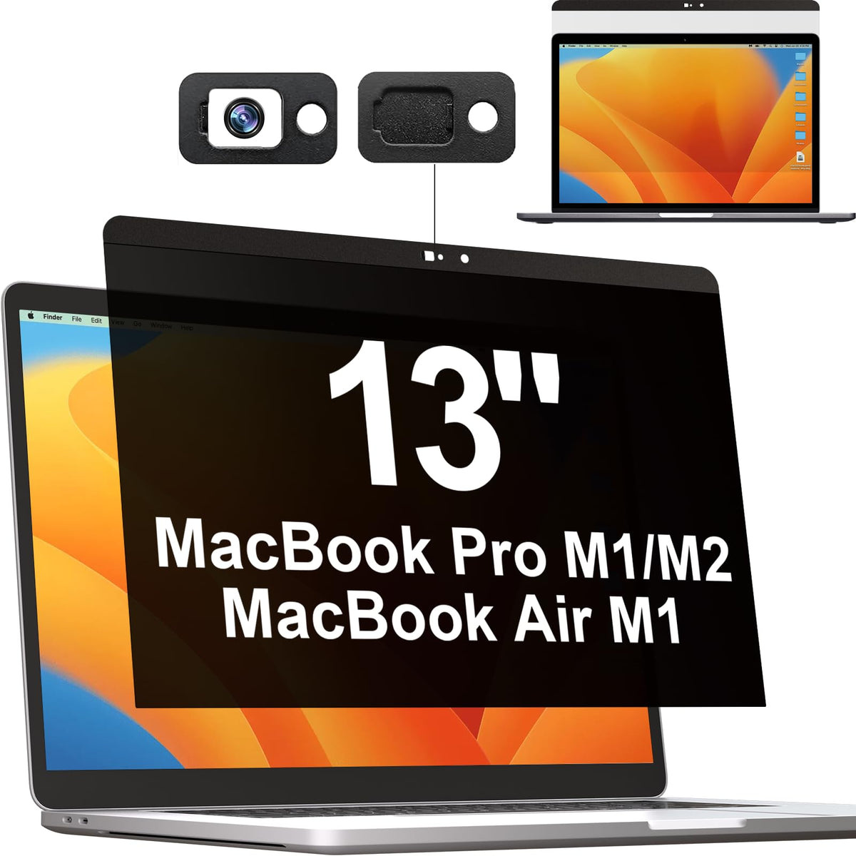 Mamol front view on MacBook Pro 13 showing privacy screen and clear display benefit
