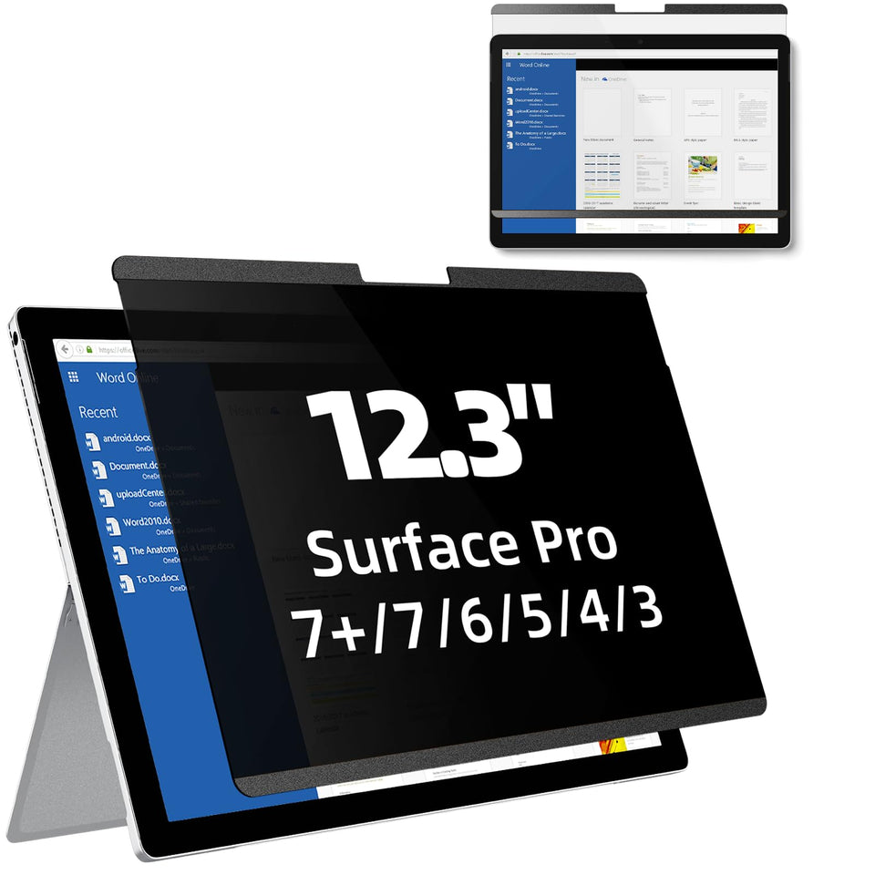 Mamol front view of magnetic privacy screen on Surface Pro showing clear front benefits