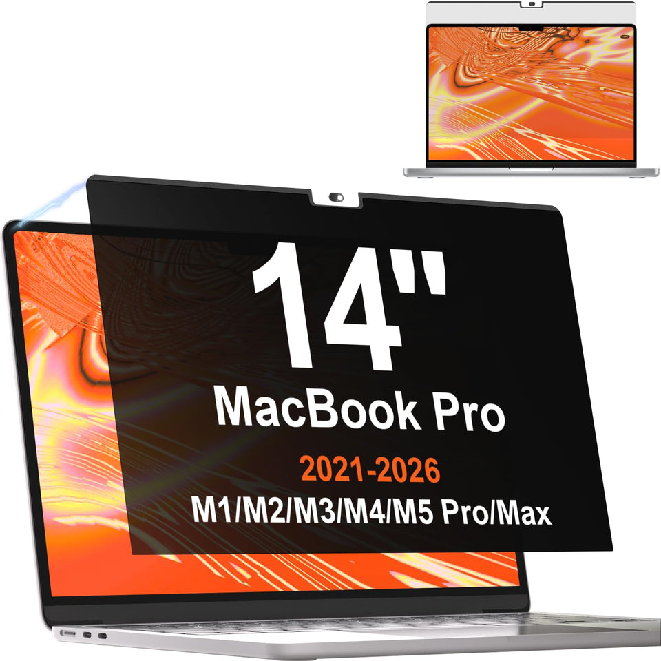 Mamol front view shows privacy screen fitted on 14-inch MacBook Pro protecting data