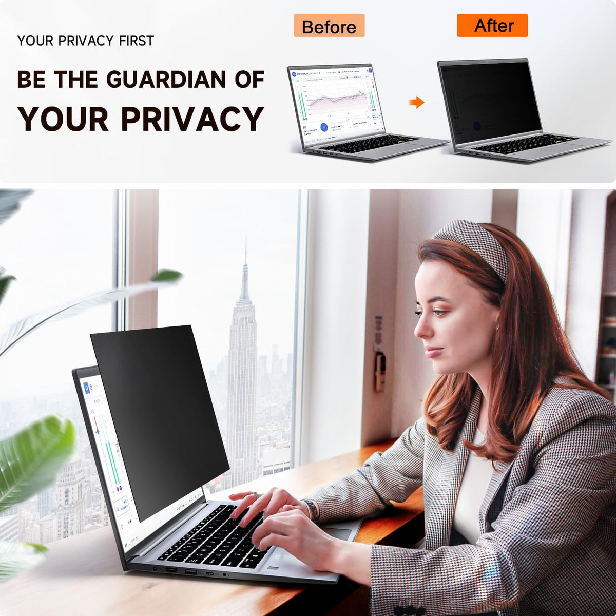 Mamol 13.3-inch privacy filter side angle showing angled privacy at shared desks.