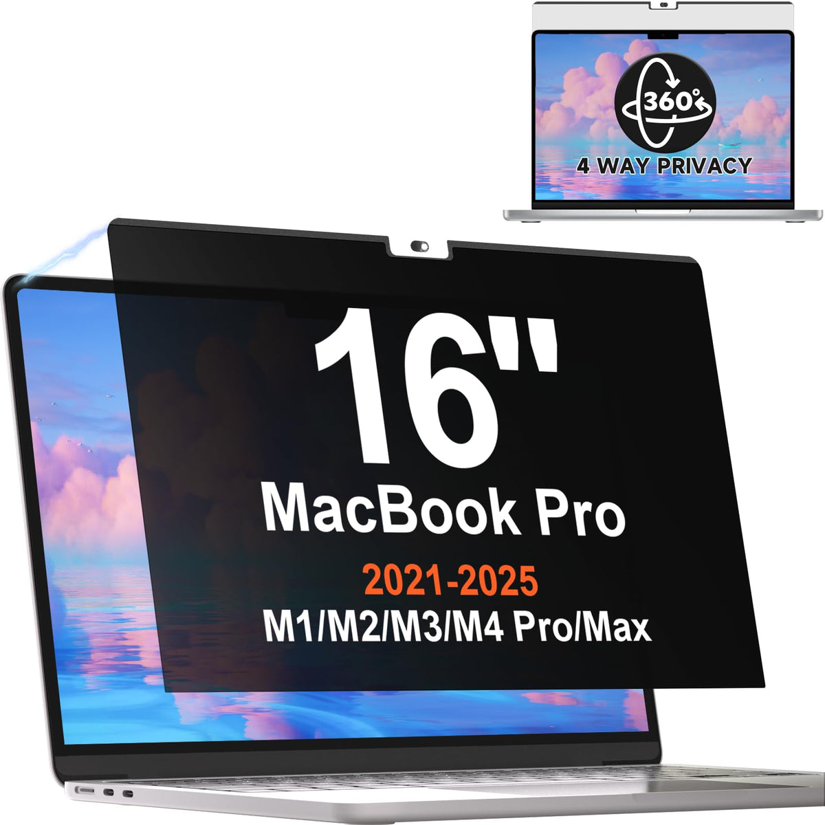 Mamol 360° privacy screen for MacBook Pro 16-inch blocks peeking in public.