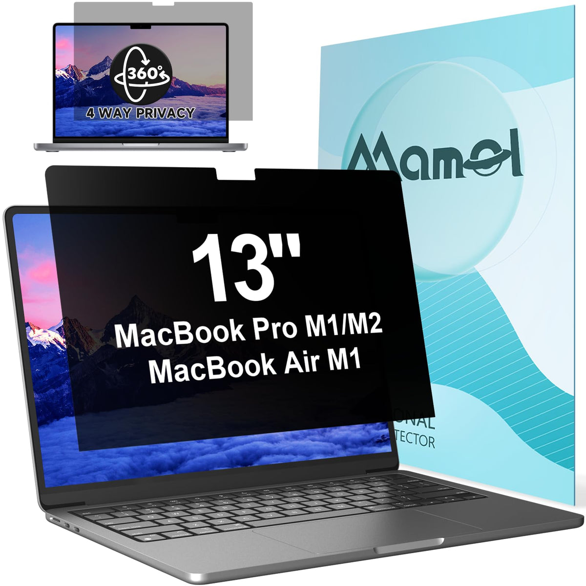 Mamol privacy screen on MacBook Pro 13-inch, front view showing private viewing in public