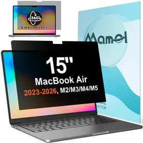 Mamol privacy screen on MacBook Air 15, front view, preserves privacy in public spaces
