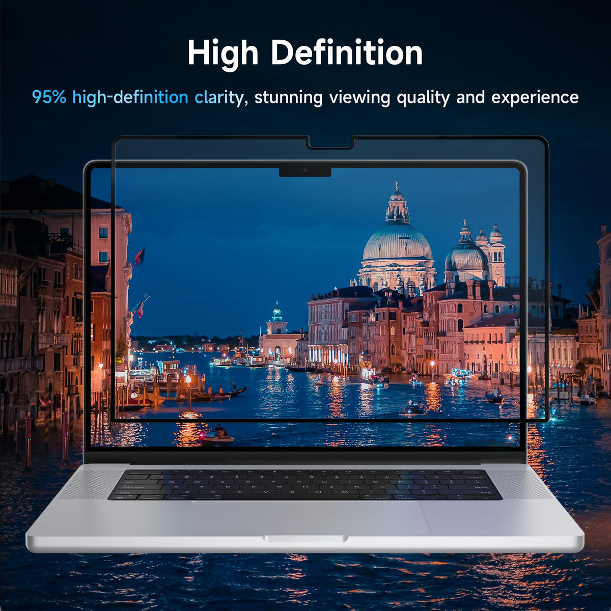 Mamol blue light filter on MacBook Pro 14 reduces eye strain during long work sessions.