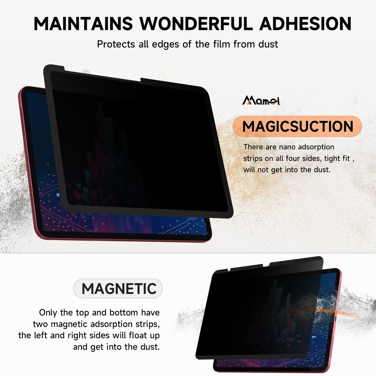 Mamol 11-inch privacy screen helps reduce glare in bright environments.