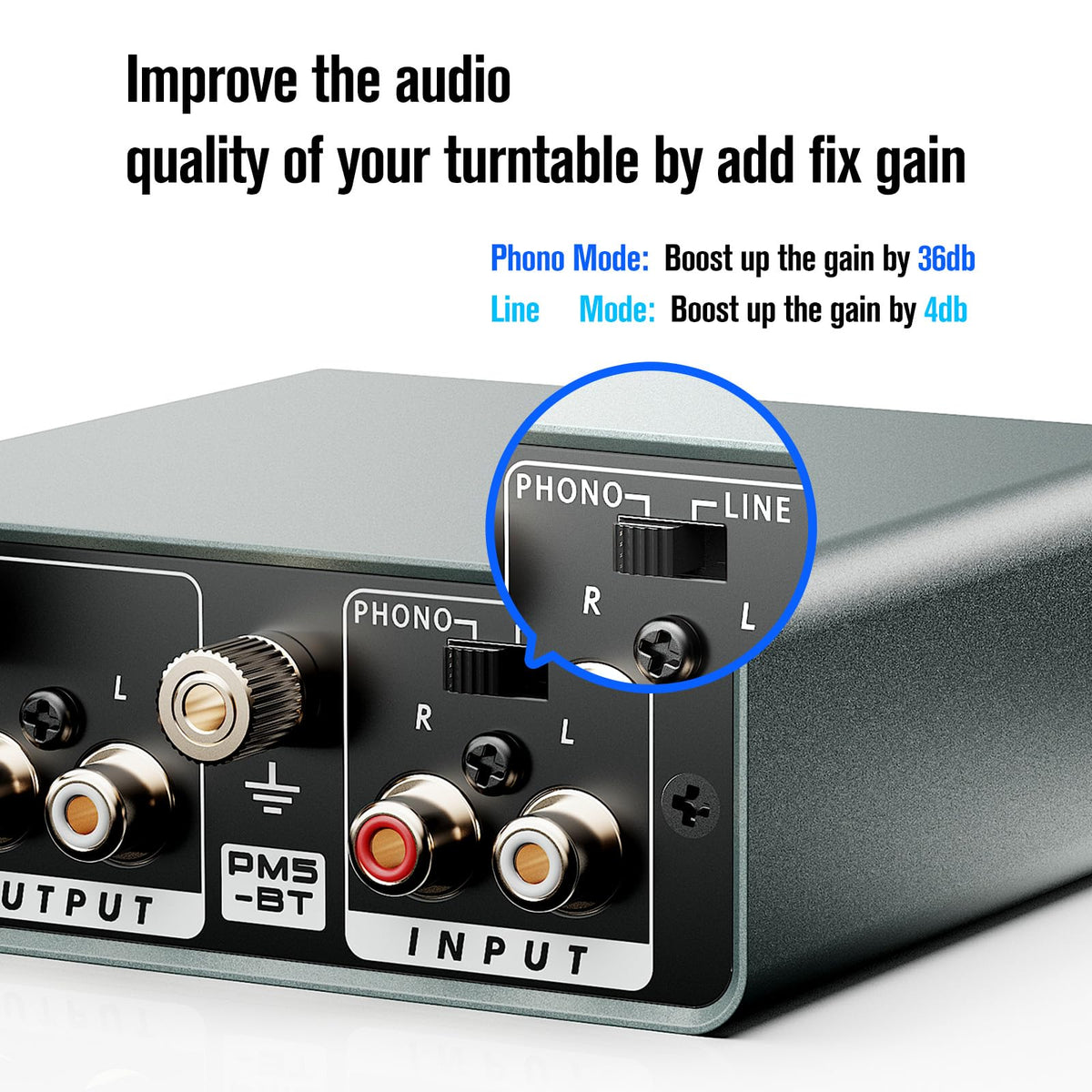 MANAYO PM5BT phono/line switch enabling clean boost or line-level playback.