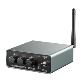 MANAYO PM5BT transmitter front view with volume and tone controls for tailored listening.