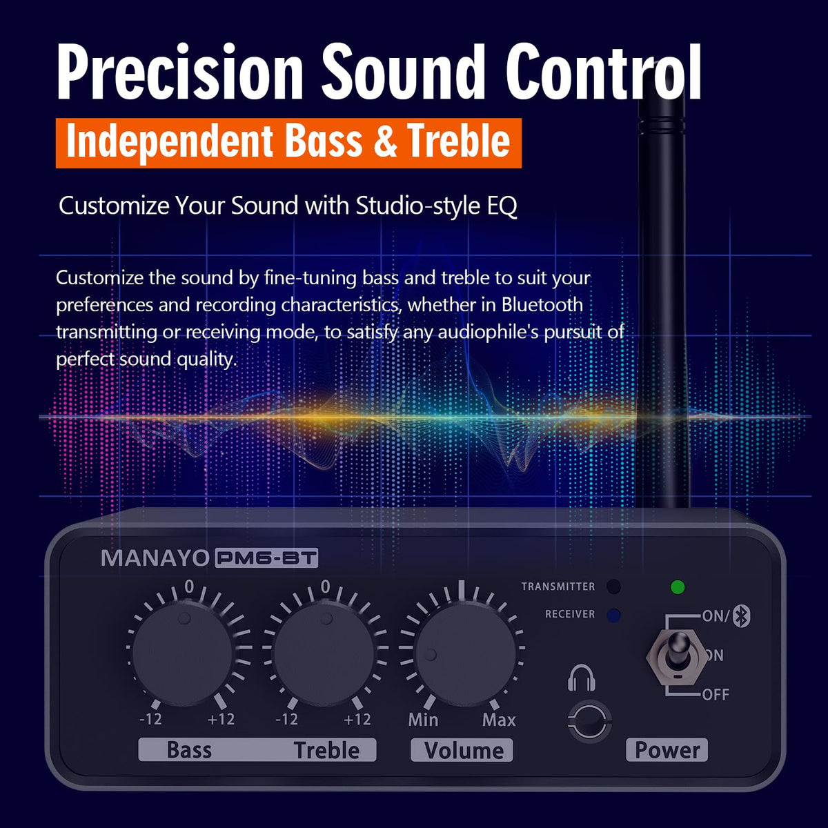 MANAYO PM6BT external antenna demonstrates extended wireless range.