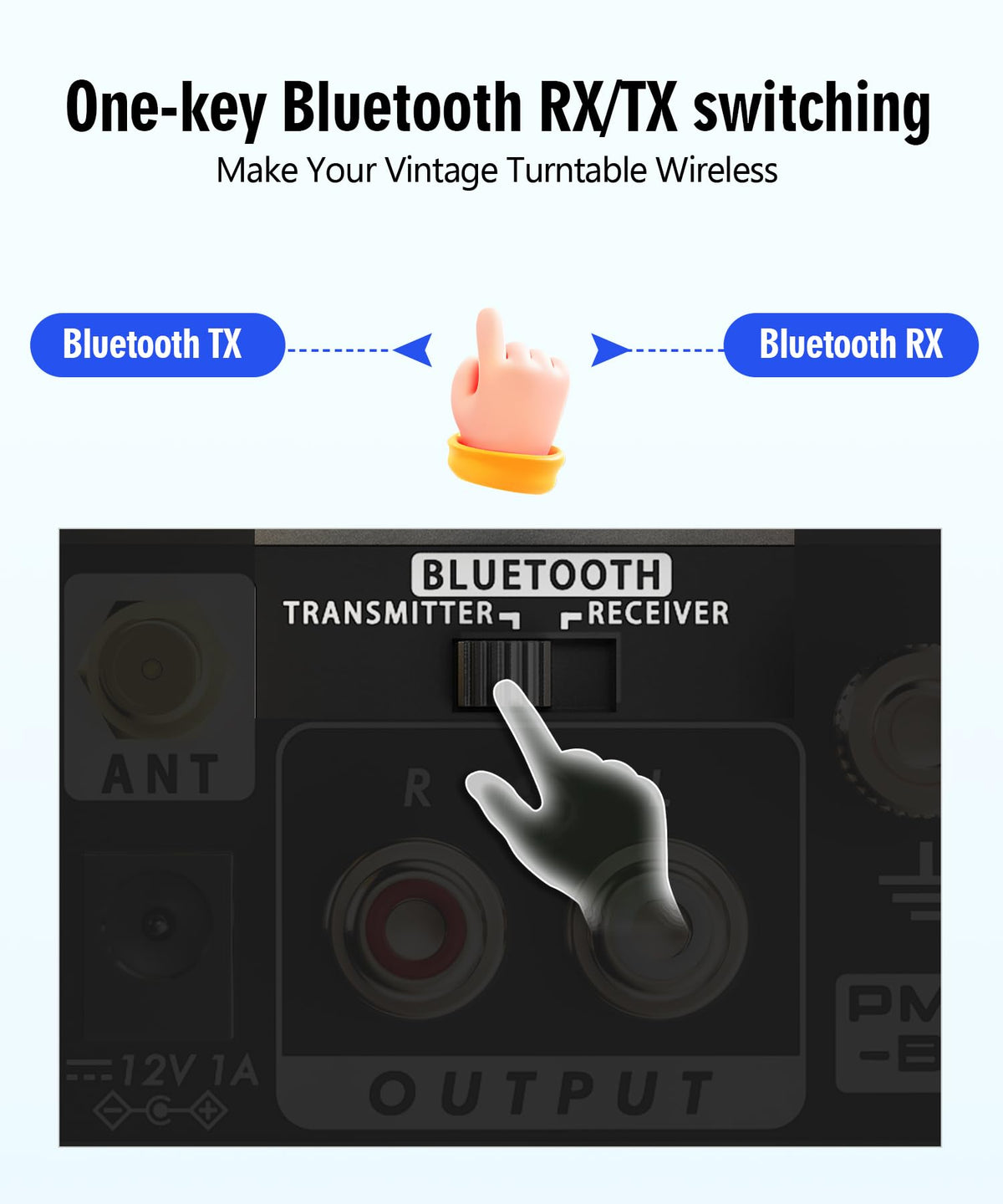 MANAYO PM6BT phono/line switch showing MM to line signal selection