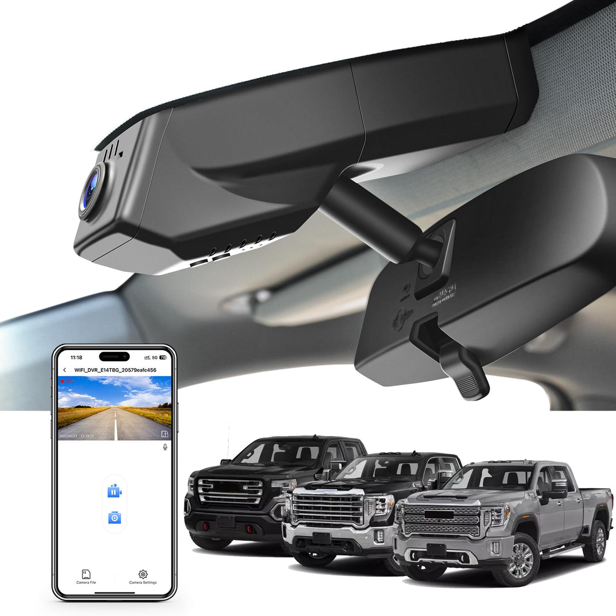 Mangoal 4K dash cam front view mounted in GMC Sierra behind the rearview mirror for a seamless look.