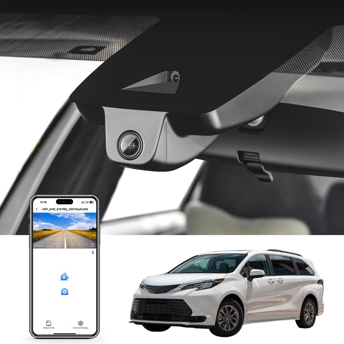 Mangoal 4K dash cam installed behind Toyota Sienna Gen4 rearview mirror