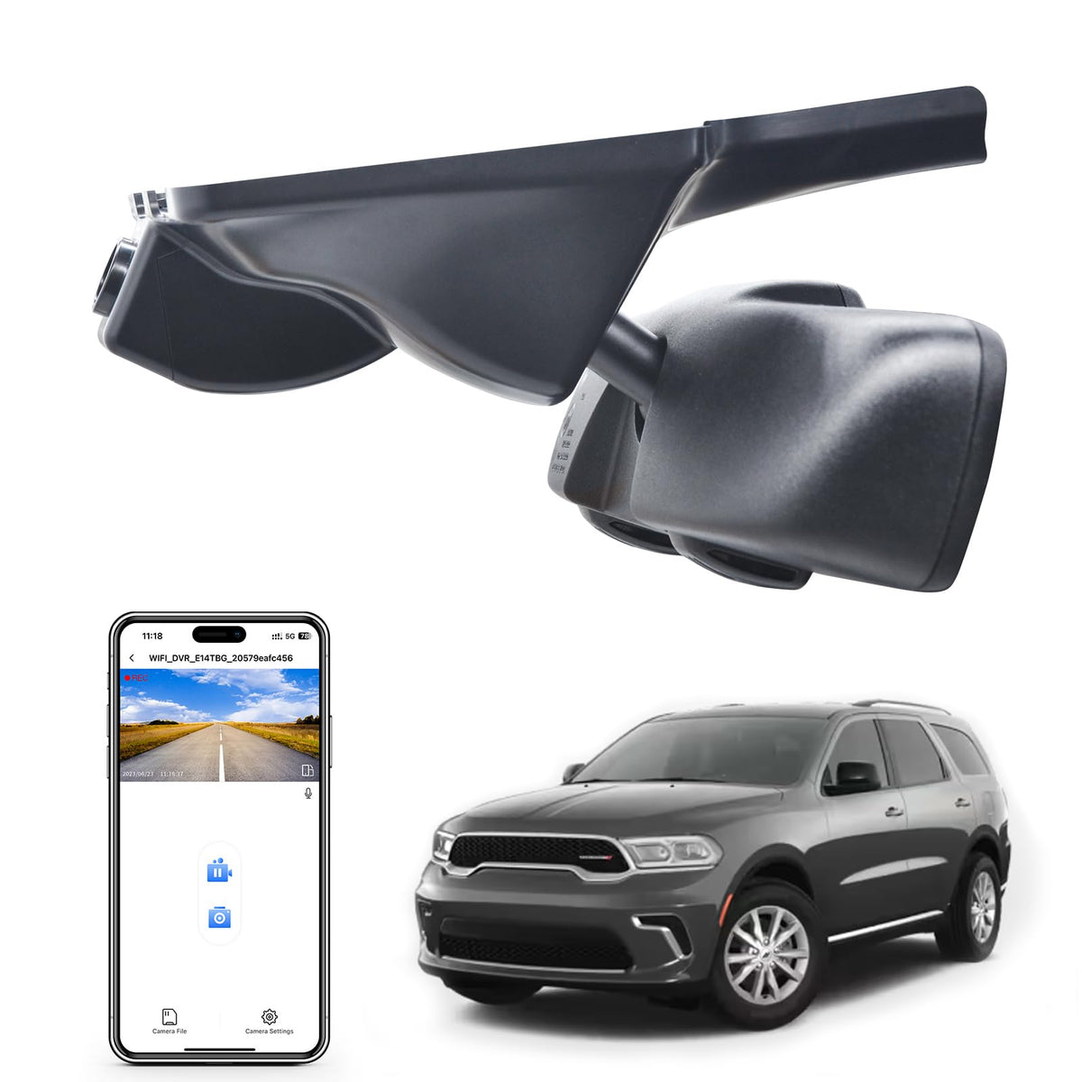 Mangoal 4K dash cam integrated behind Durango mirror for clean OEM look.