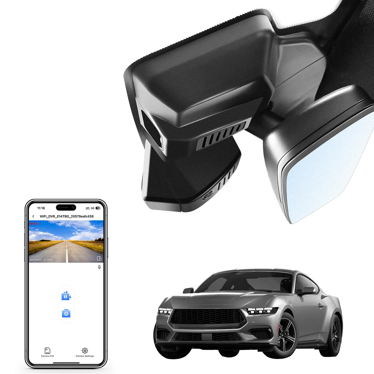 Mangoal 4K dash cam mounted behind the Mustang Gen7 rear-view mirror for OEM-style fit.