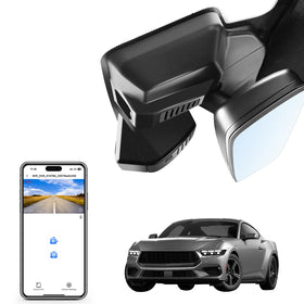 Mangoal 4K dash cam mounted behind the Mustang Gen7 rear-view mirror for OEM-style fit.