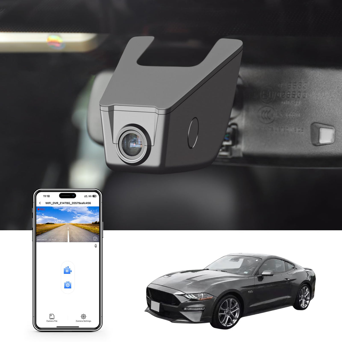 Mangoal 4K dash cam mounted behind Mustang S550 rearview for clean interior footage