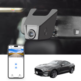 Mangoal 4K dash cam mounted behind Mustang S550 rearview for clean interior footage