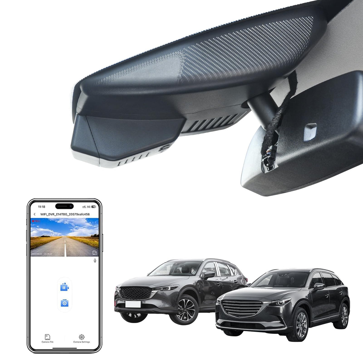 Mangoal 4K dash cam mounted behind the Mazda CX-5 rearview mirror for a seamless look.