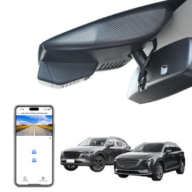 Mangoal 4K dash cam mounted behind the Mazda CX-5 rearview mirror for a seamless look.