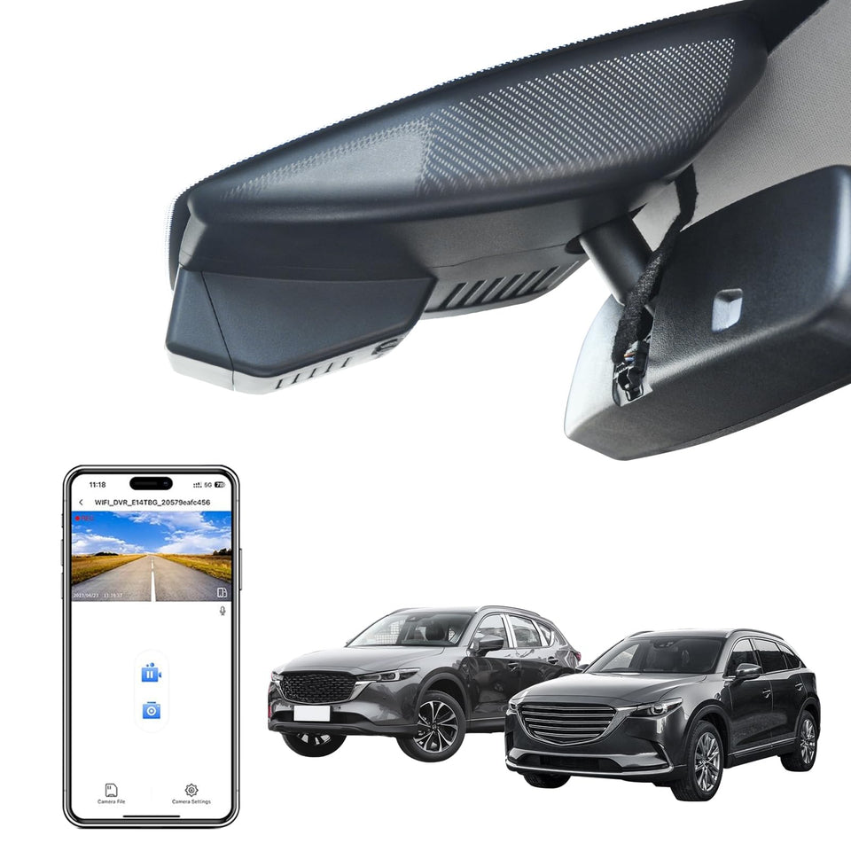 Mangoal 4K dash cam mounted behind the Mazda CX-5 rearview mirror for a seamless look.
