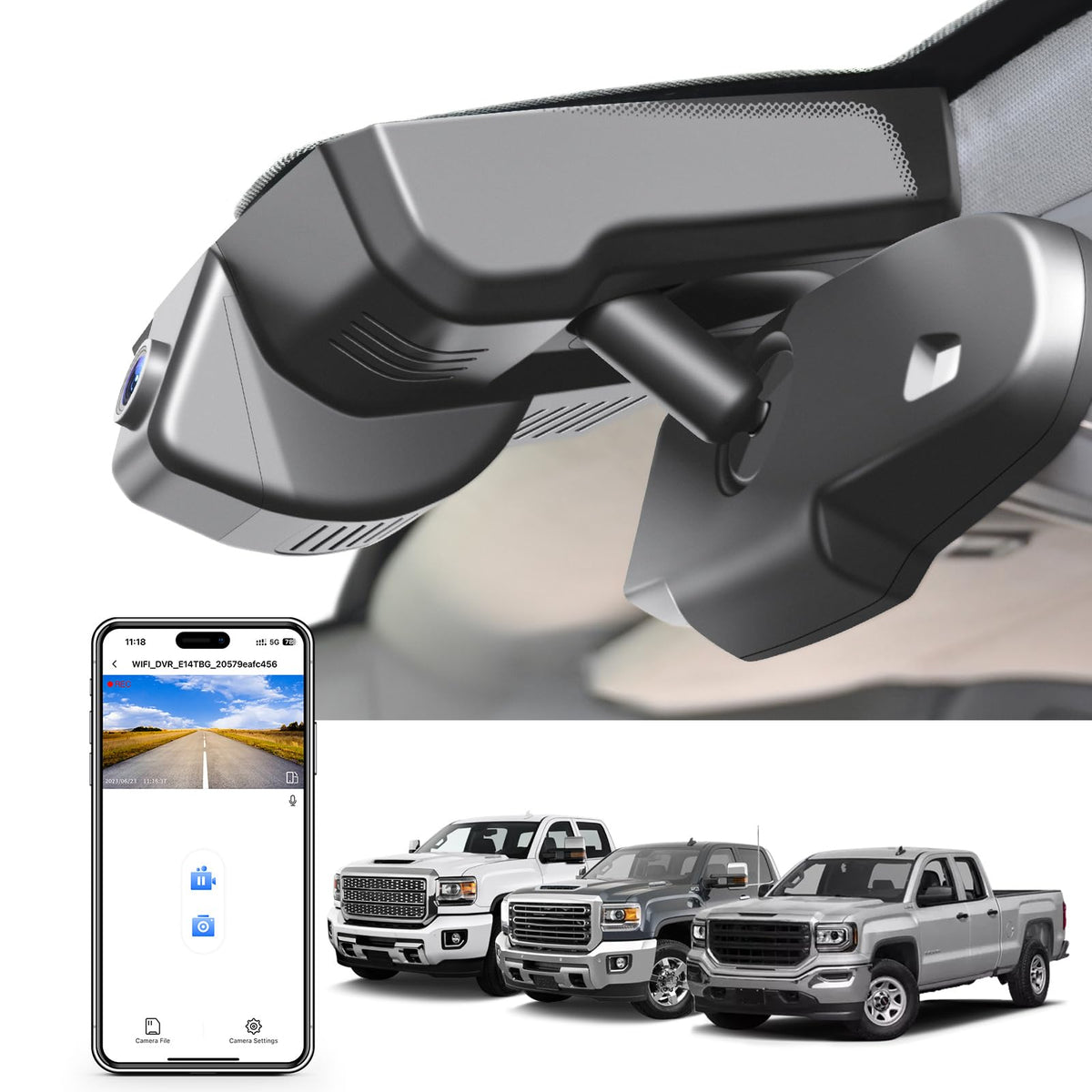 Mangoal 4K dash cam front view behind the rearview mirror for seamless Sierra integration.