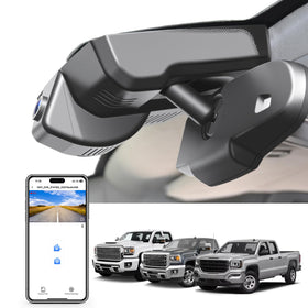 Mangoal 4K dash cam front view behind the rearview mirror for seamless Sierra integration.
