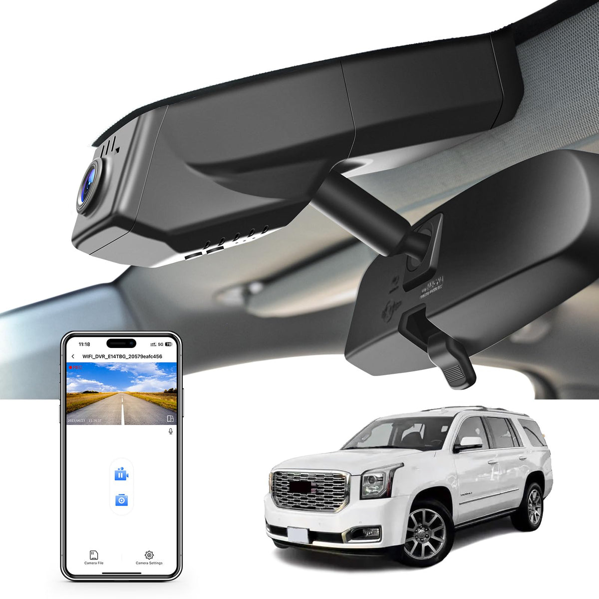 Mangoal 4K dash cam front view integrates behind the rearview mirror for GMC Yukon.