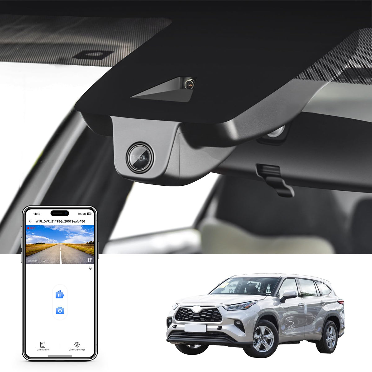 Mangoal 4K dash cam front view for Highlander Model A, crisp daytime recording.