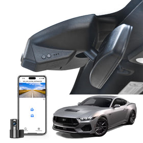 Mangoal Front 4K dash cam mounted behind Mustang's rearview mirror for a clean look