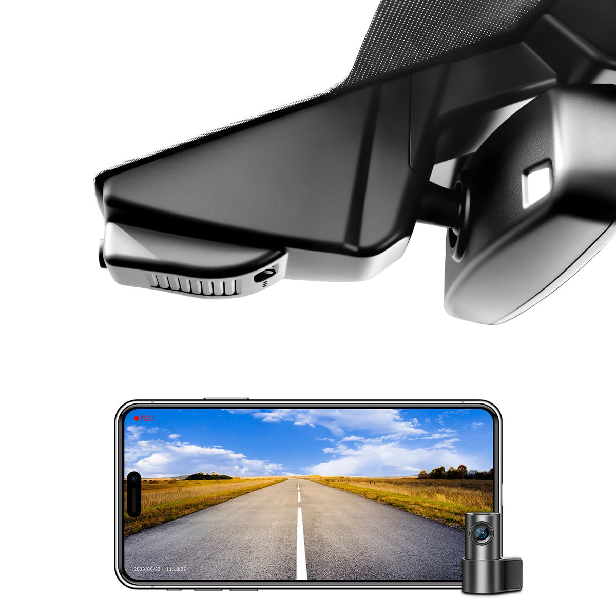 Mangoal front dash cam behind the rearview mirror for Ford, clean OEM integration.