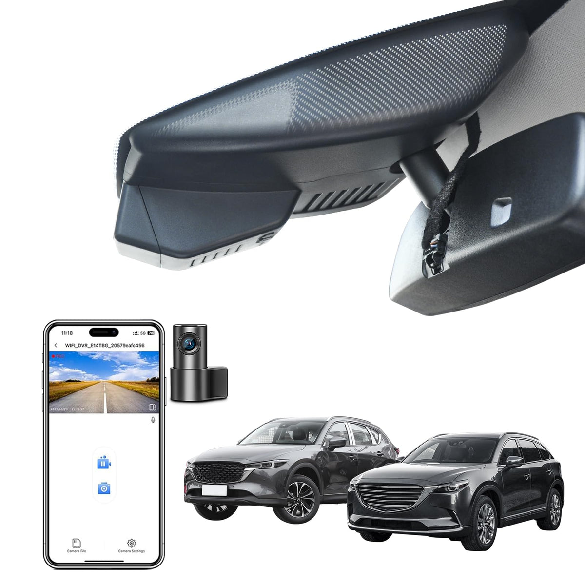 Mangoal front 4K dashcam behind the rearview mirror for Mazda CX-5 fit, clean installation and discreet look.